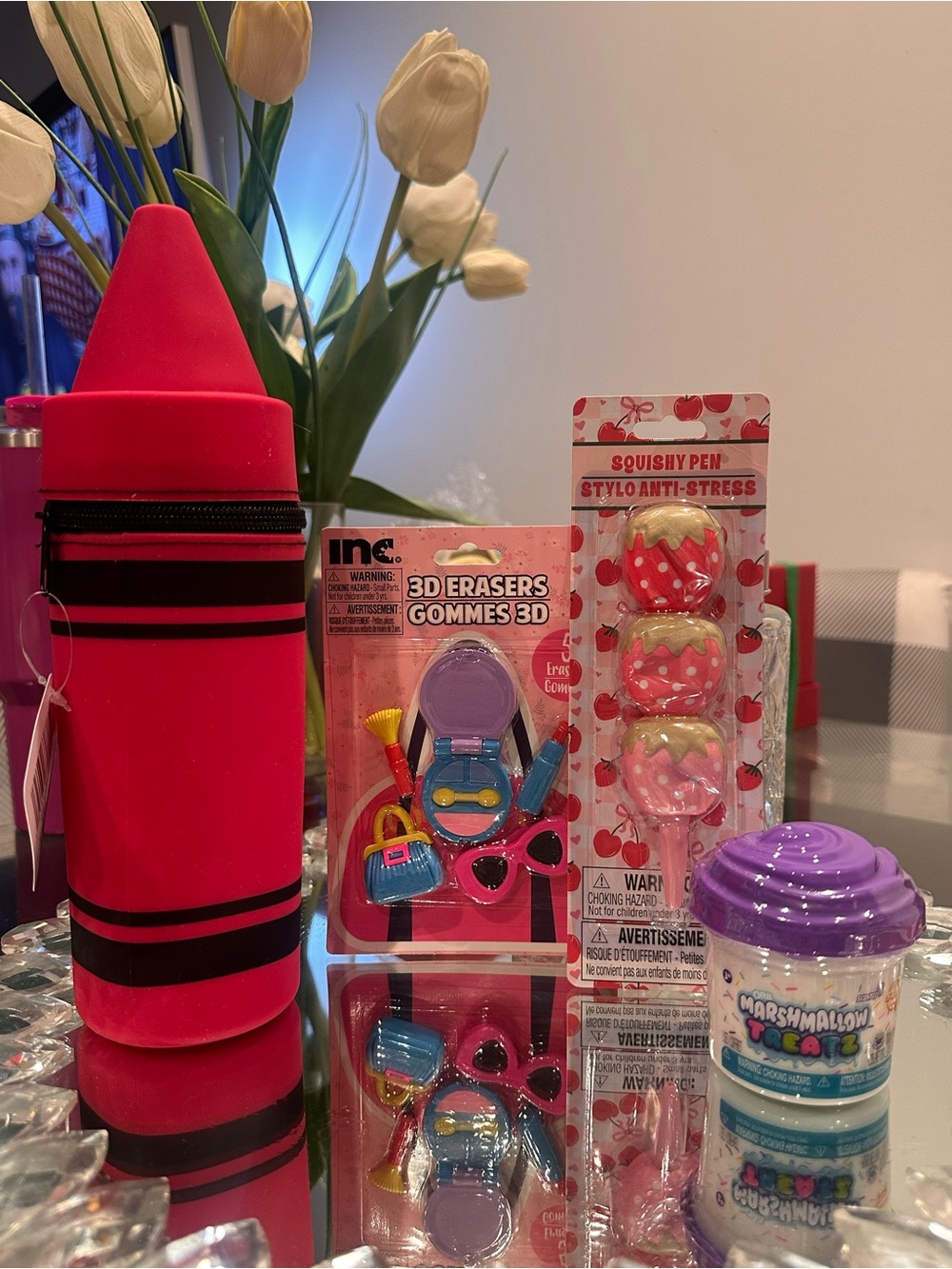 NWT Back to School Red Crayon Pencil Case Squishy Pen Slime Eraser Gift Set